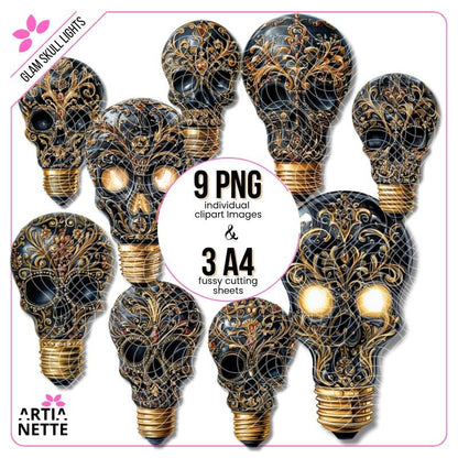 Glam Skull Lights - 9 Klipartów PNG i 3 Arkusze A4 do Wycinania - Czaszki Żarówki z Ozdobnymi Wzorami - Cyfrowe Wycinanki - Artianette