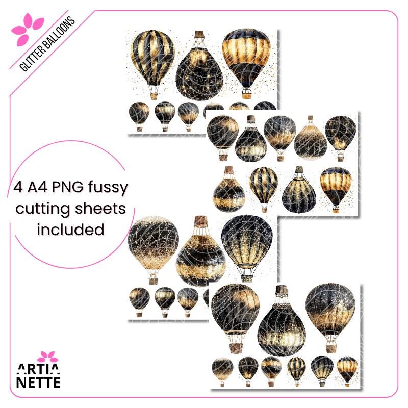Glitter Balloons - 9 Klipartów PNG i 4 Arkusze A4 do Wycinania - Brokatowe Balony w Złocie i Czerni - Cyfrowe Wycinanki Artianette