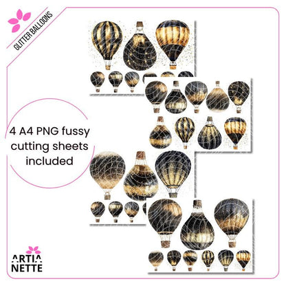 Glitter Balloons - 9 Klipartów PNG i 4 Arkusze A4 do Wycinania - Brokatowe Balony w Złocie i Czerni - Cyfrowe Wycinanki Artianette