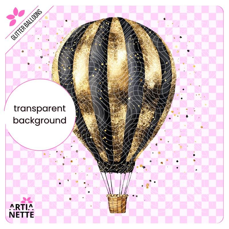 Glitter Balloons - 9 Klipartów PNG i 4 Arkusze A4 do Wycinania - Brokatowe Balony w Złocie i Czerni - Cyfrowe Wycinanki Artianette