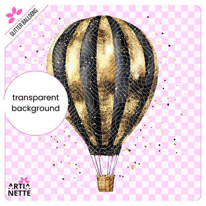 Glitter Balloons - 9 Klipartów PNG i 4 Arkusze A4 do Wycinania - Brokatowe Balony w Złocie i Czerni - Cyfrowe Wycinanki Artianette