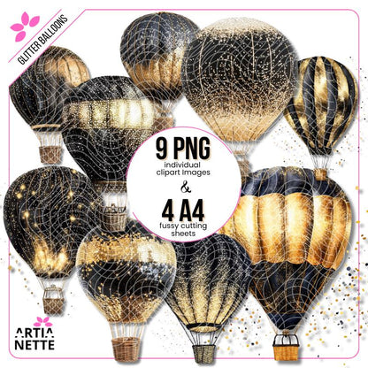 Glitter Balloons - 9 Klipartów PNG i 4 Arkusze A4 do Wycinania - Brokatowe Balony w Złocie i Czerni - Cyfrowe Wycinanki Artianette