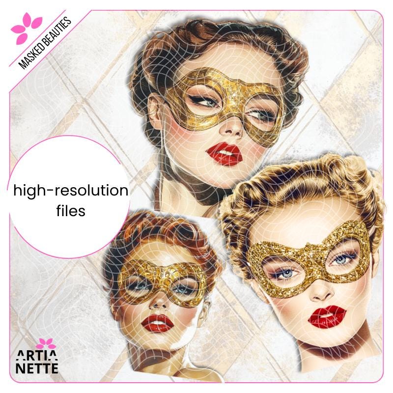 Masked Beauties - 9 Klipartów PNG i 5 Arkuszy A4 do Wycinania - Eleganckie Kobiety w Maskach - Cyfrowe Wycinanki Artianette