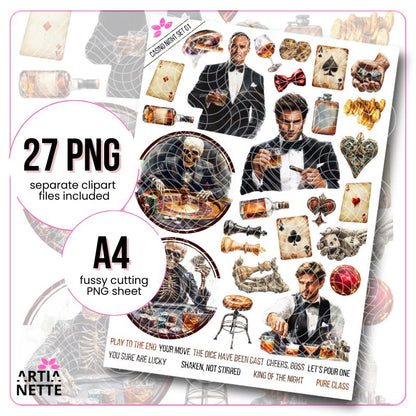 Casino Night Set 01 - 27 Klipartów PNG i 1 Arkusz A4 do Wycinania - Elegancki Zestaw Kasynowy - Cyfrowe Wycinanki Artianette