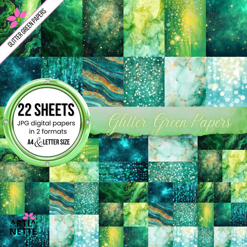 Glitter Green Papers - 22 Cyfrowe Papiery JPG - Brokatowe Tekstury w Odcieniach Zieleni - Tła A4 i Letter Size