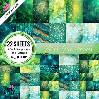 Glitter Green Papers - 22 Cyfrowe Papiery JPG - Brokatowe Tekstury w Odcieniach Zieleni - Tła A4 i Letter Size