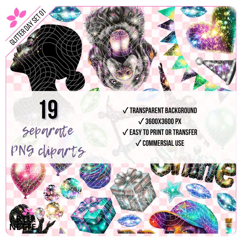 Zestaw na Dzień Brokatu  Glitter Day Set 01 | 19 klipartów PNG + 3 arkusze A4 (teksty PL/EN, 1 arkusz z powiększonymi grafikami)