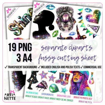 Zestaw na Dzień Brokatu  Glitter Day Set 01 | 19 klipartów PNG + 3 arkusze A4 (teksty PL/EN, 1 arkusz z powiększonymi grafikami)