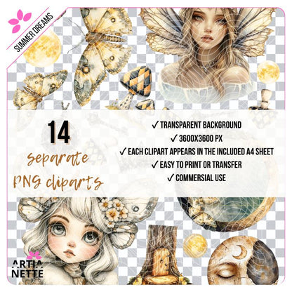 Ćmy, księżyce i wróżki  baśniowy zestaw clipartów PNG + 2 arkusze A4 z napisami PL i EN | Summer Dreams Set 02