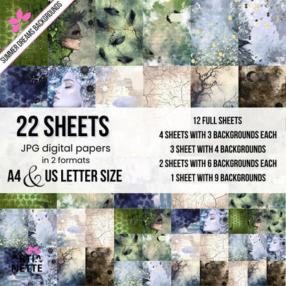 Letnie sny  22 tła JPG do druku (A4 + US Letter), mroczne, bajkowe, vintage | Summer Dreams | Artianette