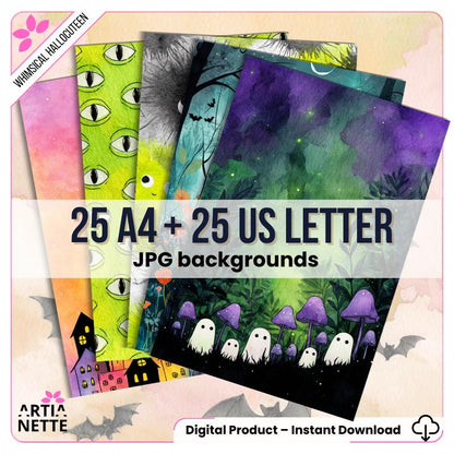 Whimsical Hallocuteen  50 teł JPG (25 A4 + 25 US Letter) | Uroczo-straszne tła do journali, kartek i scrapbookingu - Artianette