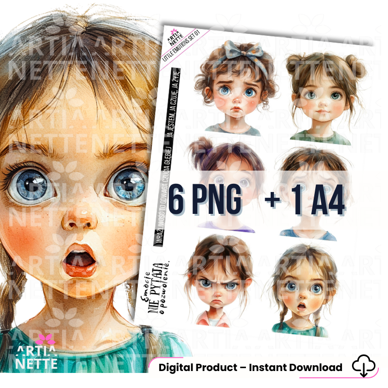 Akwarelowe ilustracje emocji dziecka – portrety dzieci z różnymi wyrazami twarzy, grafiki edukacyjne do druku, realistyczna sztuka cyfrowa
