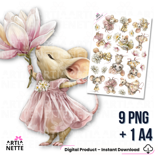 Urocze myszki tańczące w sukienkach z kwiatami magnolii. Zestaw 9 grafik PNG i arkusz A4 do scrapbookingu, kartek handmade i projektów DIY.