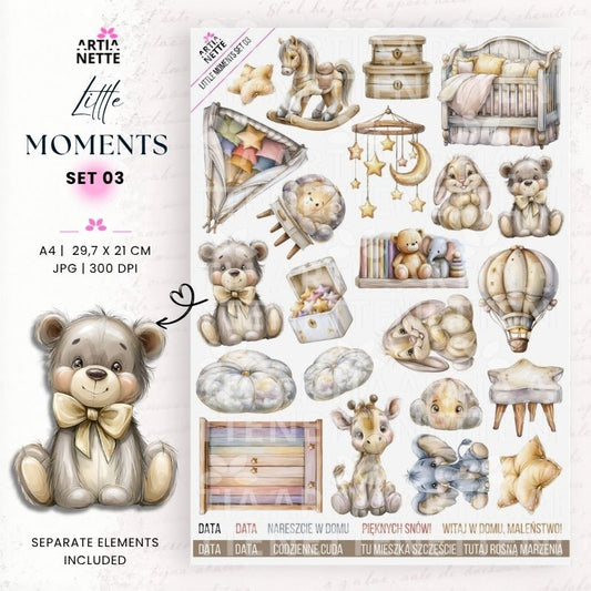 Little Moments Set 03 – grafiki PNG z pokojem niemowlęcia, pluszowymi zabawkami i dziecięcymi akcesoriami