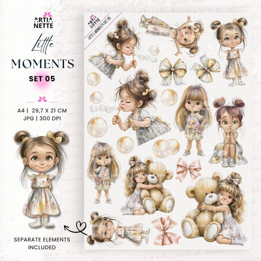 Little Moments Set 05 – grafiki PNG z małymi dziewczynkami, bańkami mydlanymi, pluszowym misiem i kokardami