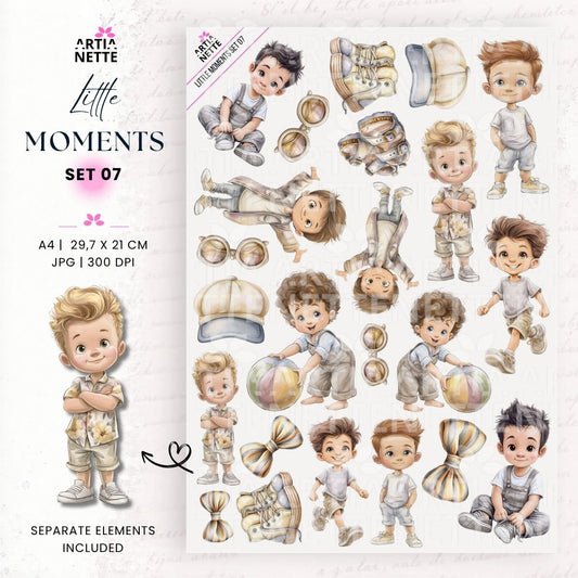 Little Moments Set 07 – grafiki PNG z małymi chłopcami, piłką, czapkami, butami, okularami i kokardami