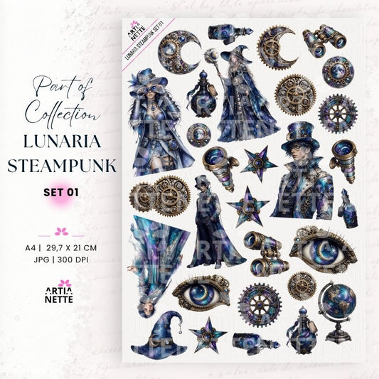 Steampunkowe grafiki fantasy PNG z czarodziejkami, kołami zębatymi, lornetką, magicznym okiem i księżycem do scrapbookingu