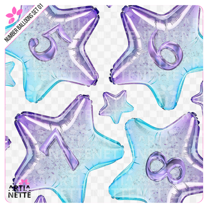 11 Clipartów PNG Number Balloons Set 01. Balony w kształcie gwiazd z cyframi (od 0 do 9) w holograficznym fioletowo-niebieskim kolorze. Idealne do zaproszeń urodzinowych.