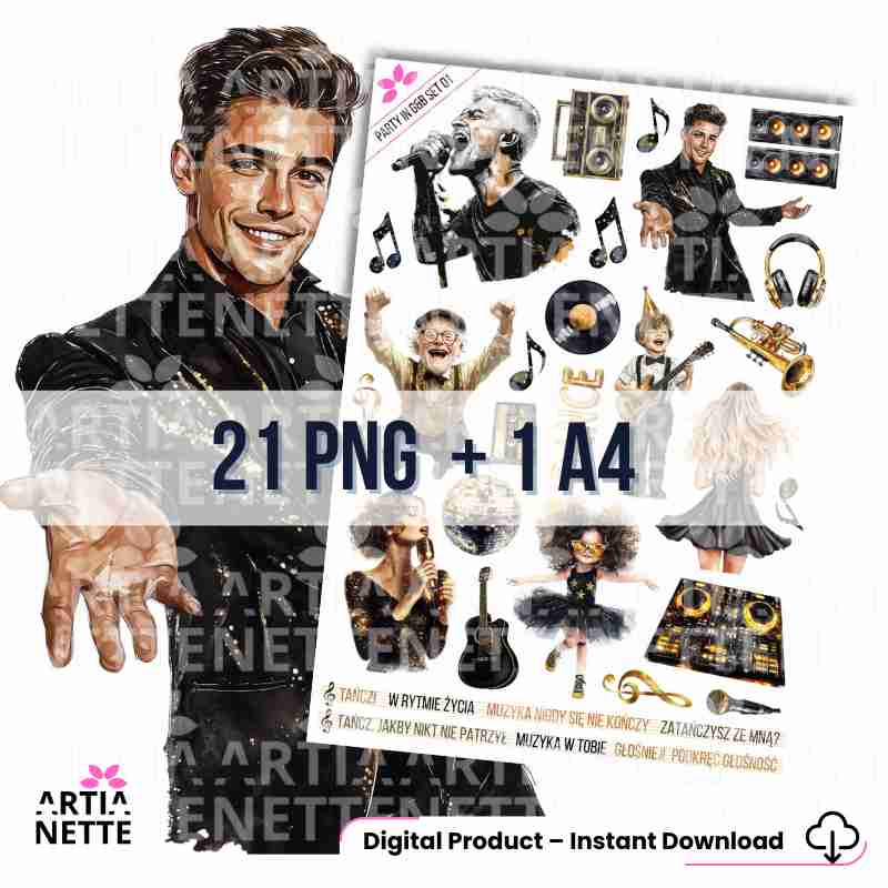 21 Clipartów PNG "Party in Gold & Black Set 01". Akwarelowe grafiki postaci, muzyków, instrumentów, głośników i kul dyskotekowych. Zestaw zawiera arkusz A4.
