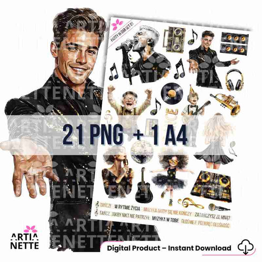 21 Clipartów PNG "Party in Gold & Black Set 01". Akwarelowe grafiki postaci, muzyków, instrumentów, głośników i kul dyskotekowych. Zestaw zawiera arkusz A4.