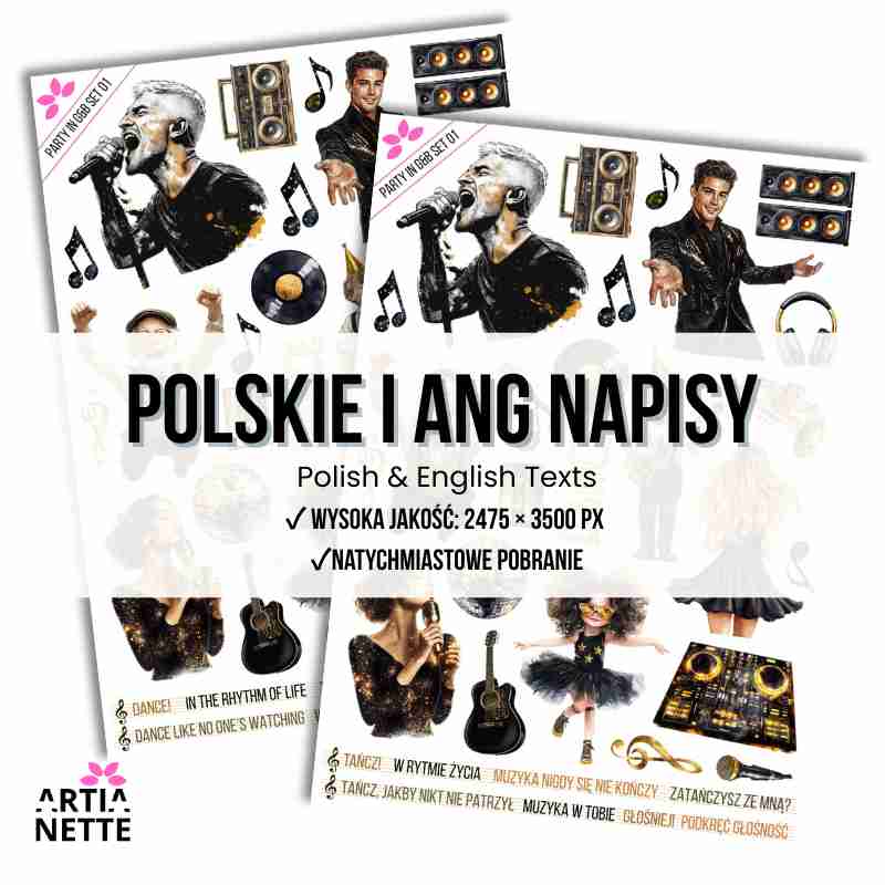 21 Clipartów PNG "Party in Gold & Black Set 01". Akwarelowe grafiki postaci, muzyków, instrumentów, głośników i kul dyskotekowych. Zestaw zawiera arkusz A4. Napisy w języku polskim, napisy w języku angielskim