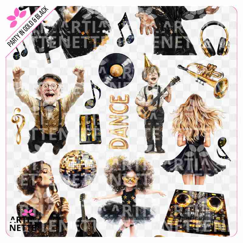 21 Clipartów PNG "Party in Gold & Black Set 01". Akwarelowe grafiki postaci, muzyków, instrumentów, głośników i kul dyskotekowych. Zestaw zawiera arkusz A4.