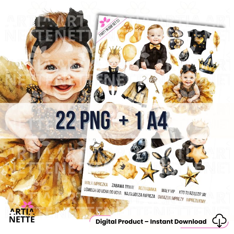 22 Cliparty PNG "Party in Gold & Black Set 03". Akwarelowe grafiki niemowląt i maluchów w złotych sukienkach, muchach, koronach i imprezowych ubrankach. Zestaw zawiera arkusz A4.