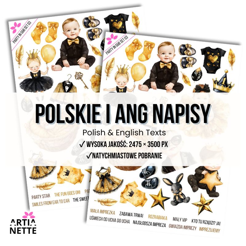 22 Cliparty PNG "Party in Gold & Black Set 03". Akwarelowe grafiki niemowląt i maluchów w złotych sukienkach, muchach, koronach i imprezowych ubrankach. Zestaw zawiera arkusz A4.