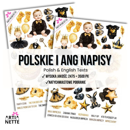 22 Cliparty PNG "Party in Gold & Black Set 03". Akwarelowe grafiki niemowląt i maluchów w złotych sukienkach, muchach, koronach i imprezowych ubrankach. Zestaw zawiera arkusz A4.