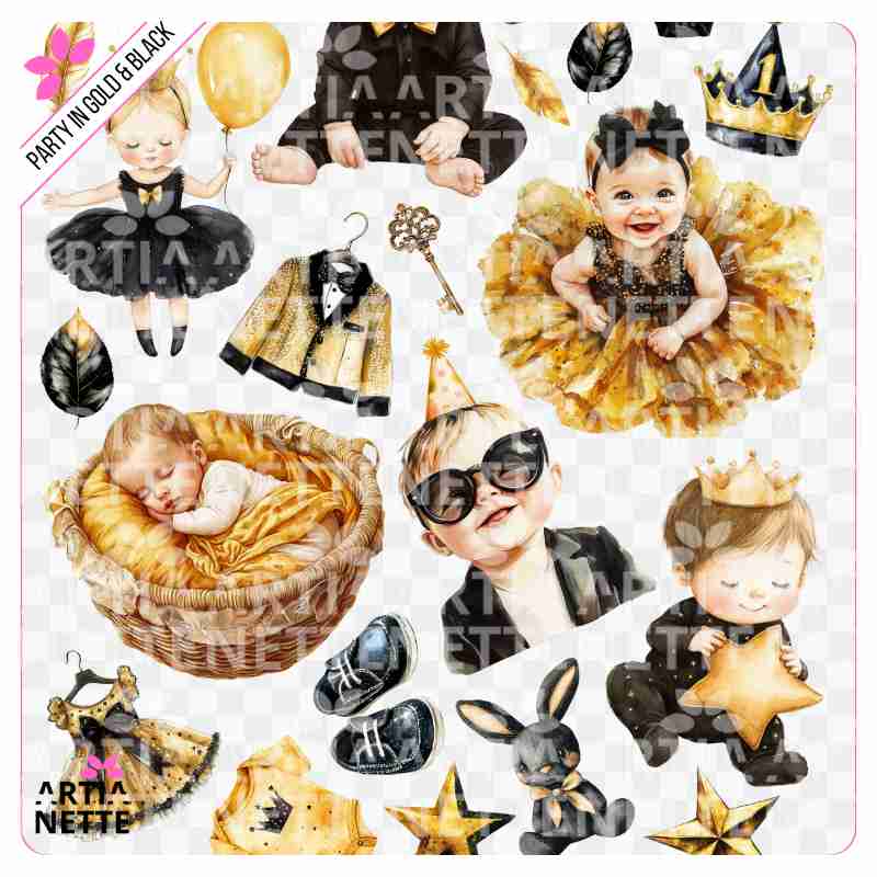 22 Cliparty PNG "Party in Gold & Black Set 03". Akwarelowe grafiki niemowląt i maluchów w złotych sukienkach, muchach, koronach i imprezowych ubrankach. Zestaw zawiera arkusz A4.