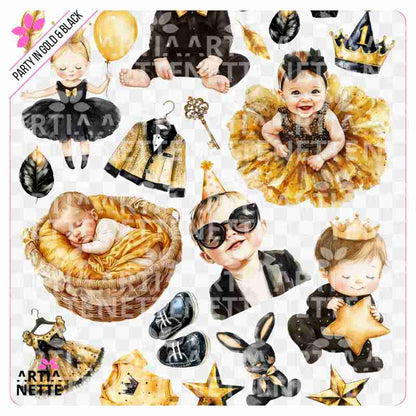22 Cliparty PNG "Party in Gold & Black Set 03". Akwarelowe grafiki niemowląt i maluchów w złotych sukienkach, muchach, koronach i imprezowych ubrankach. Zestaw zawiera arkusz A4.