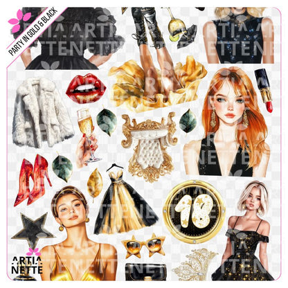 22 Cliparty PNG "Party in Gold & Black Set 06". Akwarelowe grafiki modnych kobiet, numer 18, torebek, szpilek i złotych akcesoriów. Zestaw idealny na 18. urodziny.