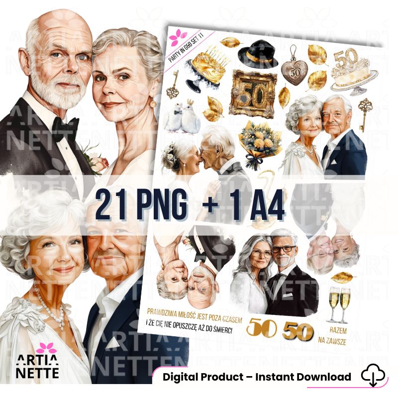 21 Clipartów PNG "Party in Gold & Black Set 11". Akwarelowe grafiki par seniorów, numer 50, tortów, kieliszków i złotych akcesoriów. Zestaw idealny na Złote Gody i rocznice ślubu.