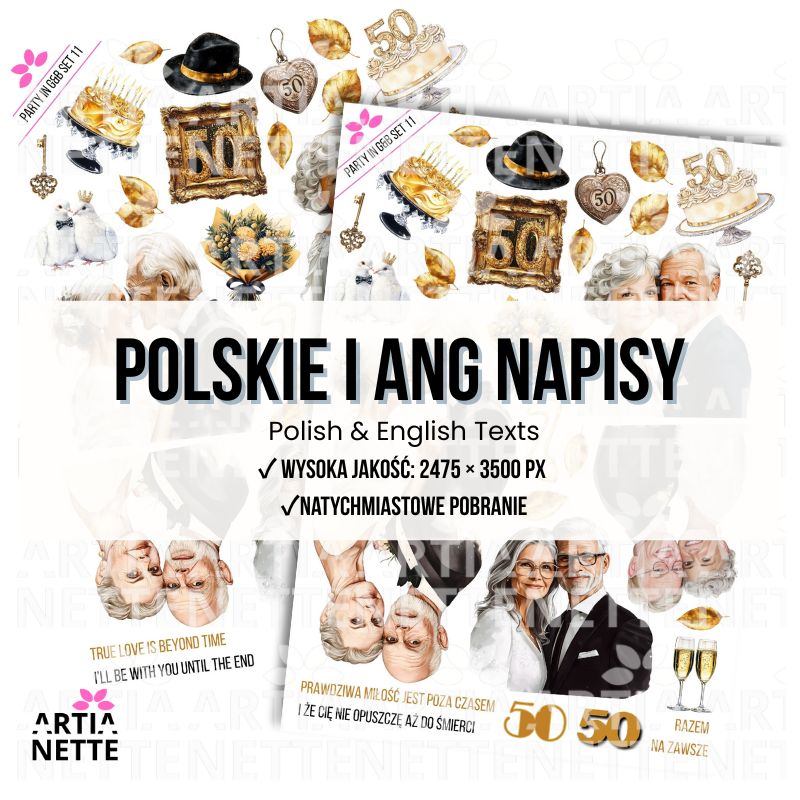 21 Clipartów PNG "Party in Gold & Black Set 11". Akwarelowe grafiki par seniorów, numer 50, tortów, kieliszków i złotych akcesoriów. Zestaw idealny na Złote Gody i rocznice ślubu.