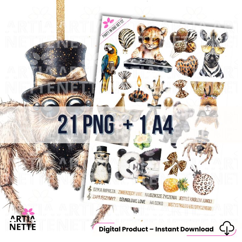 21 Clipartów PNG "Party in Gold & Black Set 02". Akwarelowe grafiki egzotycznych zwierząt (lew, zebra, panda, papuga) w kapeluszach i okularach, w kolorystyce złota i czerni. Zestaw zawiera arkusz A4.