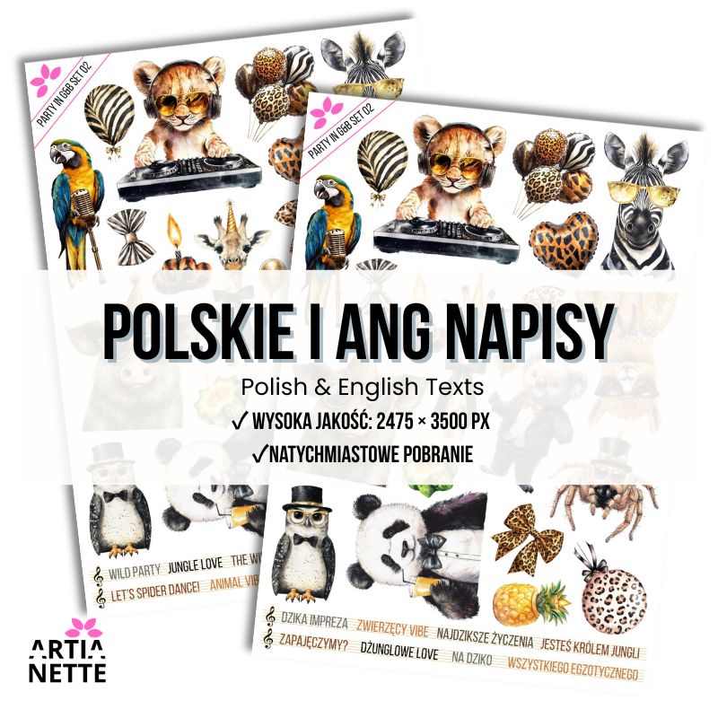 21 Clipartów PNG "Party in Gold & Black Set 02". Akwarelowe grafiki egzotycznych zwierząt (lew, zebra, panda, papuga) w kapeluszach i okularach, w kolorystyce złota i czerni. Zestaw zawiera arkusz A4.