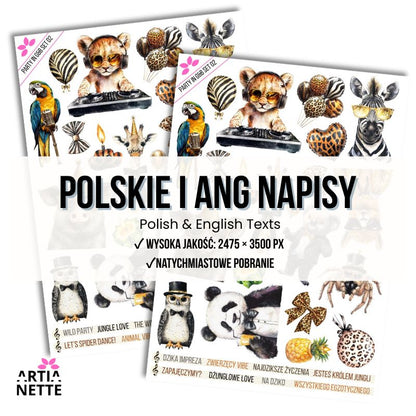 21 Clipartów PNG "Party in Gold & Black Set 02". Akwarelowe grafiki egzotycznych zwierząt (lew, zebra, panda, papuga) w kapeluszach i okularach, w kolorystyce złota i czerni. Zestaw zawiera arkusz A4.