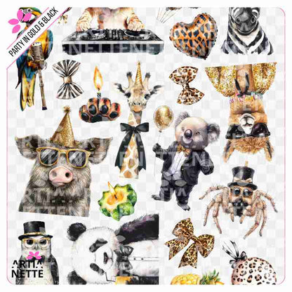21 Clipartów PNG "Party in Gold & Black Set 02". Akwarelowe grafiki egzotycznych zwierząt (lew, zebra, panda, papuga) w kapeluszach i okularach, w kolorystyce złota i czerni. Zestaw zawiera arkusz A4.