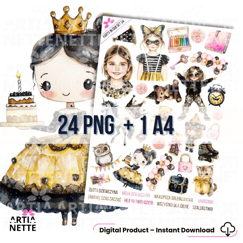 24 Cliparty PNG "Party in Gold & Black Set 04". Akwarelowe grafiki dziewczynek w złotych i czarnych sukienkach, baletnicy, tortów, koron i akcesoriów imprezowych. Zestaw zawiera arkusz A4.