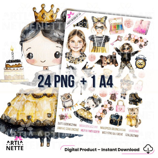 24 Cliparty PNG "Party in Gold & Black Set 04". Akwarelowe grafiki dziewczynek w złotych i czarnych sukienkach, baletnicy, tortów, koron i akcesoriów imprezowych. Zestaw zawiera arkusz A4.
