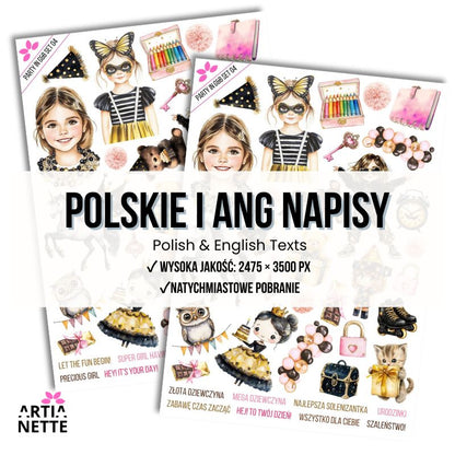 24 Cliparty PNG "Party in Gold & Black Set 04". Akwarelowe grafiki dziewczynek w złotych i czarnych sukienkach, baletnicy, tortów, koron i akcesoriów imprezowych. Zestaw zawiera arkusz A4.