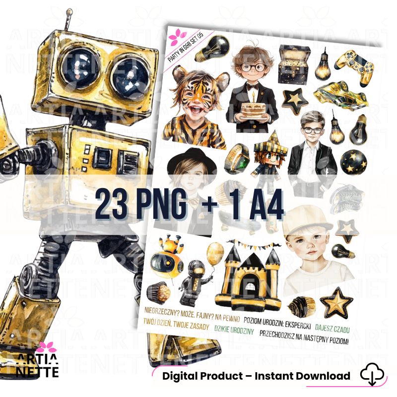 23 Cliparty PNG "Party in Gold & Black Set 05". Akwarelowe grafiki chłopców w marynarkach, robotów, kontrolerów do gier, zamku i złotych akcesoriów. Zestaw zawiera arkusz A4.

