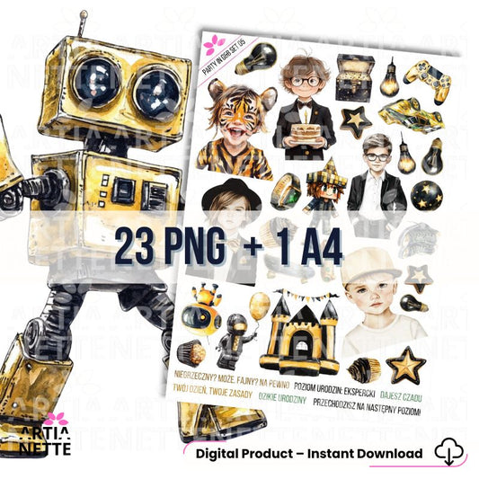 23 Cliparty PNG "Party in Gold & Black Set 05". Akwarelowe grafiki chłopców w marynarkach, robotów, kontrolerów do gier, zamku i złotych akcesoriów. Zestaw zawiera arkusz A4.
