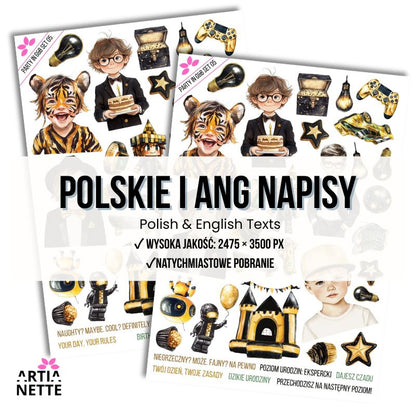 23 Cliparty PNG "Party in Gold & Black Set 05". Akwarelowe grafiki chłopców w marynarkach, robotów, kontrolerów do gier, zamku i złotych akcesoriów. Zestaw zawiera arkusz A4.