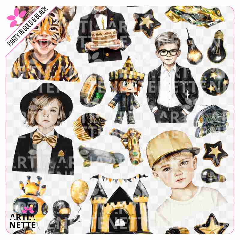 23 Cliparty PNG "Party in Gold & Black Set 05". Akwarelowe grafiki chłopców w marynarkach, robotów, kontrolerów do gier, zamku i złotych akcesoriów. Zestaw zawiera arkusz A4.