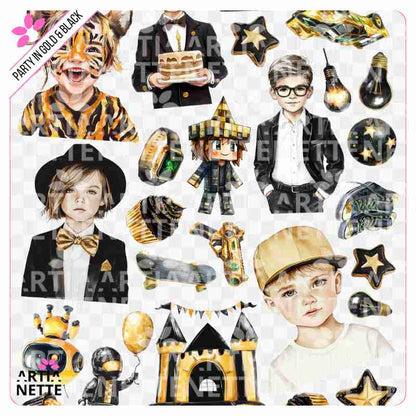 23 Cliparty PNG "Party in Gold & Black Set 05". Akwarelowe grafiki chłopców w marynarkach, robotów, kontrolerów do gier, zamku i złotych akcesoriów. Zestaw zawiera arkusz A4.