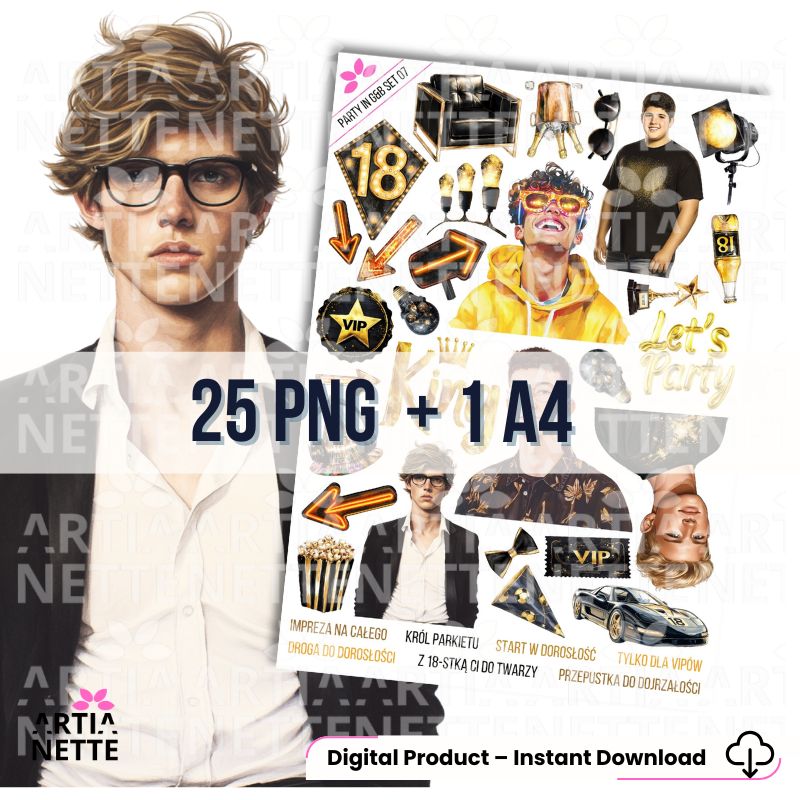 25 Clipartów PNG "Party in Gold & Black Set 07". Akwarelowe grafiki młodych mężczyzn, numer 18, korony, samochód sportowy, popcorn i złote akcesoria. Zestaw idealny na 18. urodziny dla chłopca.