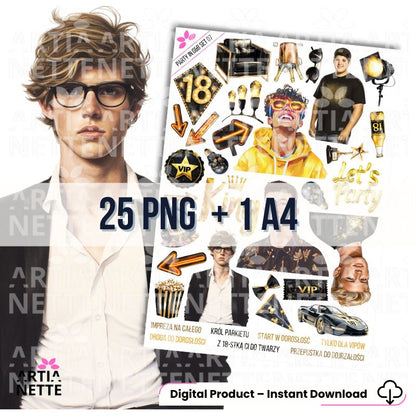 25 Clipartów PNG "Party in Gold & Black Set 07". Akwarelowe grafiki młodych mężczyzn, numer 18, korony, samochód sportowy, popcorn i złote akcesoria. Zestaw idealny na 18. urodziny dla chłopca.