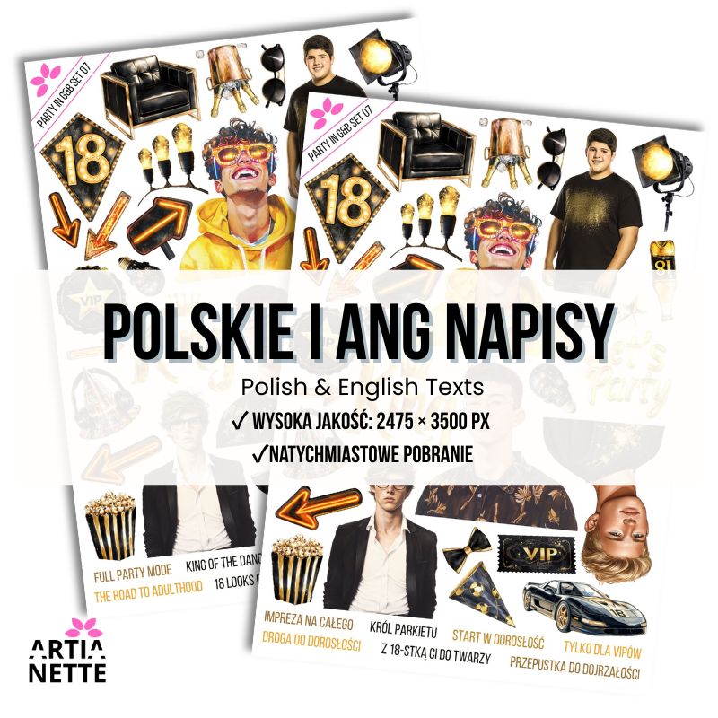 25 Clipartów PNG "Party in Gold & Black Set 07". Akwarelowe grafiki młodych mężczyzn, numer 18, korony, samochód sportowy, popcorn i złote akcesoria. Zestaw idealny na 18. urodziny dla chłopca.