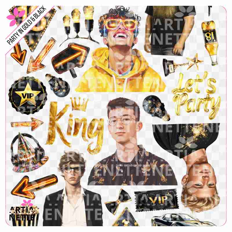 25 Clipartów PNG "Party in Gold & Black Set 07". Akwarelowe grafiki młodych mężczyzn, numer 18, korony, samochód sportowy, popcorn i złote akcesoria. Zestaw idealny na 18. urodziny dla chłopca.